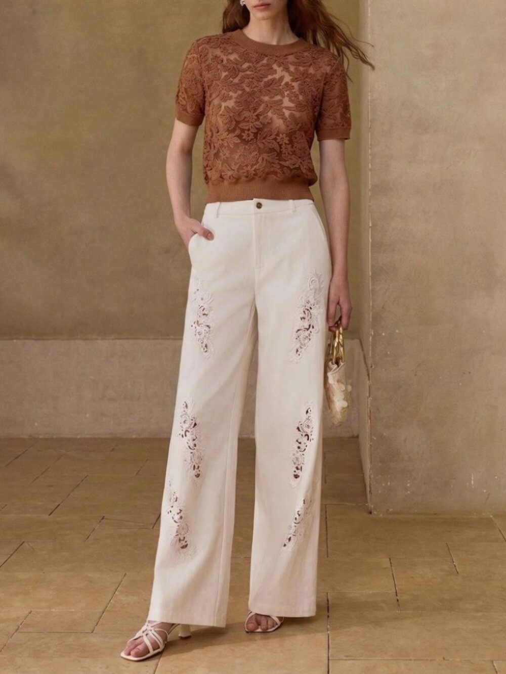 Rust Brown Sheer Floral Lace Round Neck Short Sleeve Ribbed Knit Top Tee